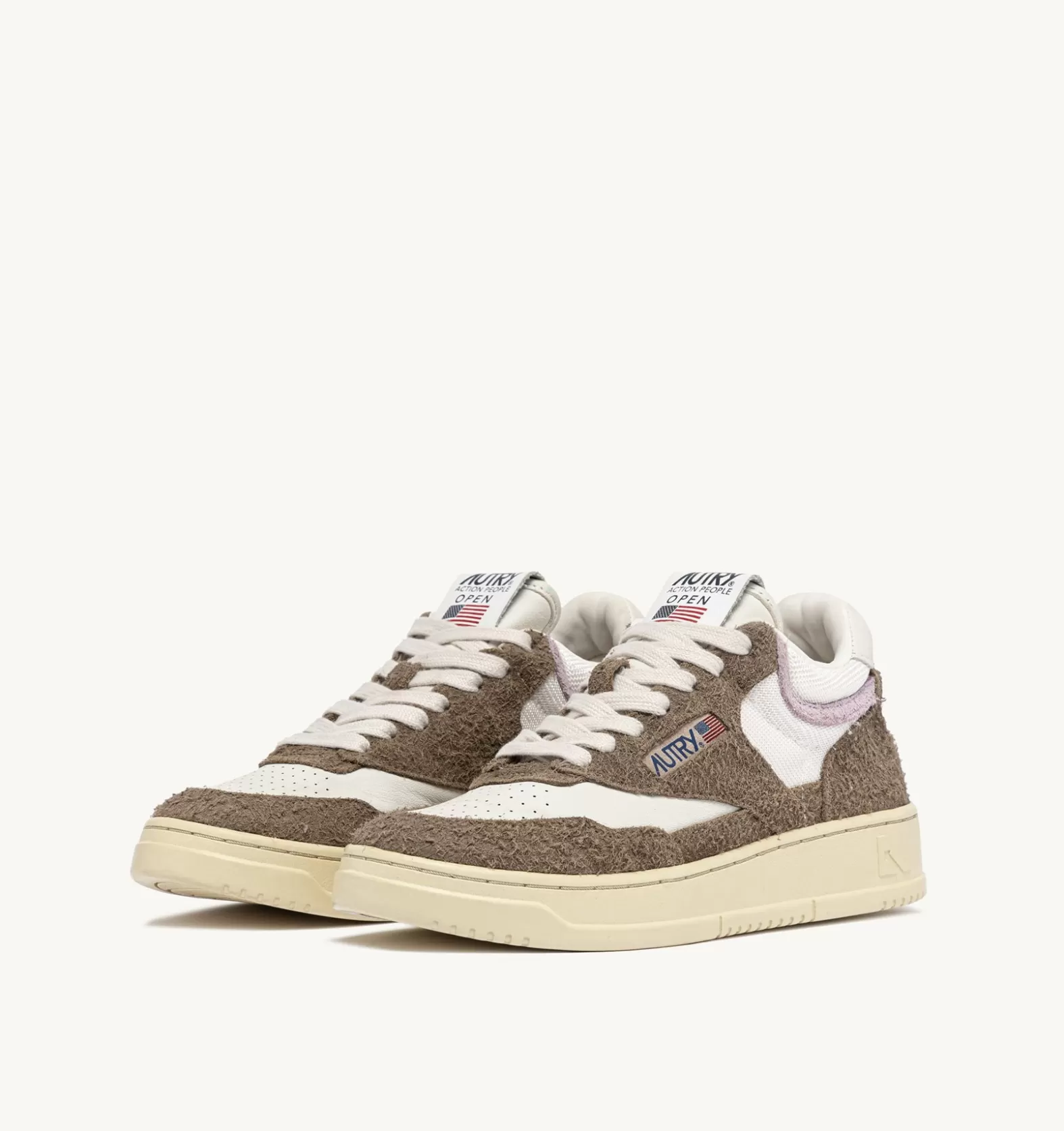 Open^AUTRY Open Mid Sneakers In Goatskin Mesh And Suede Color White Mud Brown And Lilac